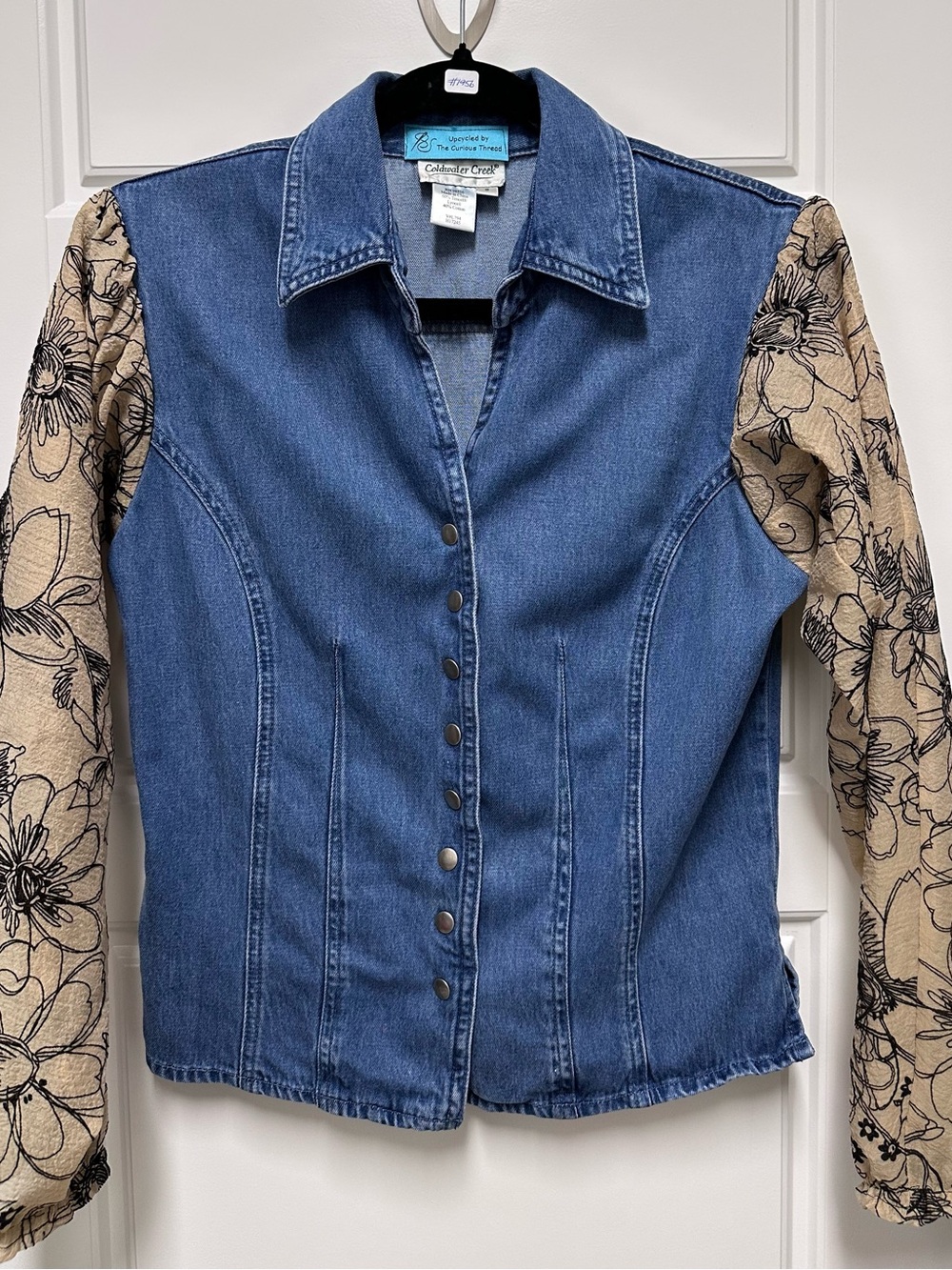 Upcycled Blue Denim Snap-Front Shirt with Embellished Sleeves